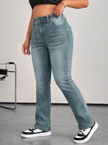 SHEIN Cottnline سراويل جينز ذات خصر عالي وجيوب للنساء كبيرات الحجم، متعددة الاستخدامات وواسعة القدم - ازرق ضبابي - مشاهدة 5