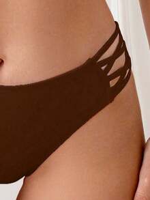 Swim Vcay Women's Summer Beach Solid Color Side Hollow Design Bikini Bottom - Brown - View 4