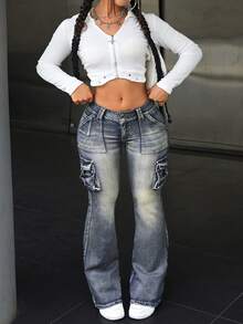 SHEIN ICON Quần jeans ống loe dáng rộng dành cho nữ cỡ lớn, có túi hộp, được giặt mài. - Rửa tối - Xem 5