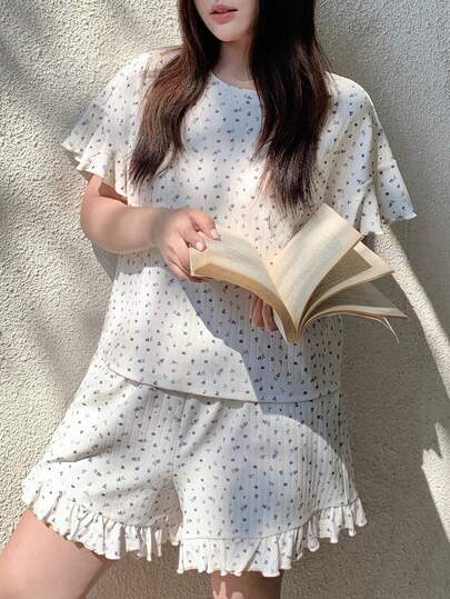 Dazy Plus 两件套碎花优雅荷叶边短裤睡衣套装，大码女式春夏睡衣