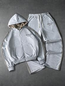 PAVTROS 男士街头服饰套装，复古风，连帽衫搭配阔腿裤，针织连帽开衫搭配抽绳长款运动裤，实用口袋阔腿裤，针织运动套装，豹纹绒面面料，奢华品质，品牌Logo，可定制，街头风，日常穿着，时尚百搭，户外运动，返校季，节日礼物，男友礼物，老公礼物，春夏两季，夏季，度假，复古风，外出，派对，节日，送给男友的礼物，街头风，健身 - 灰色 - 查看 1