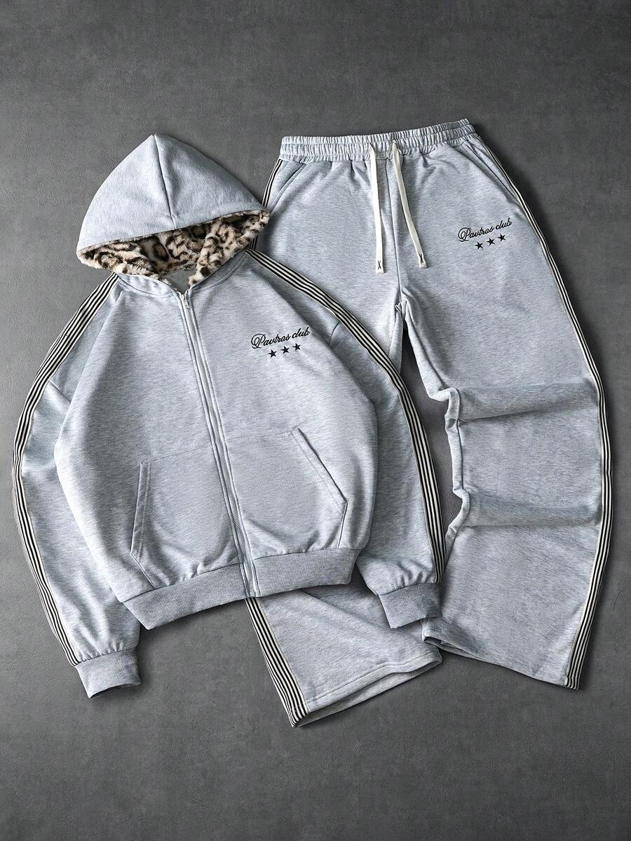 PAVTROS 男士街头服饰套装，复古风，连帽衫搭配阔腿裤，针织连帽开衫搭配抽绳长款运动裤，实用口袋阔腿裤，针织运动套装，豹纹绒面面料，奢华品质，品牌Logo，可定制，街头风，日常穿着，时尚百搭，户外运动，返校季，节日礼物，男友礼物，老公礼物，春夏两季，夏季，度假，复古风，外出，派对，节日，送给男友的礼物，街头风，健身 - 灰色 - 查看 1