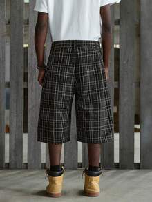 NEON BLANC Men's Button Waist Plaid Wide Leg Knee Length Shorts - Black - View 4