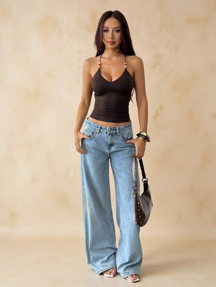 SHEIN PETITE Áo hai dây màu nâu đính hạt cho nữ, áo hai dây ôm sát gợi cảm kiểu retro mùa hè, áo không tay đi biển màu nâu sô cô la cho nữ, áo gợi cảm