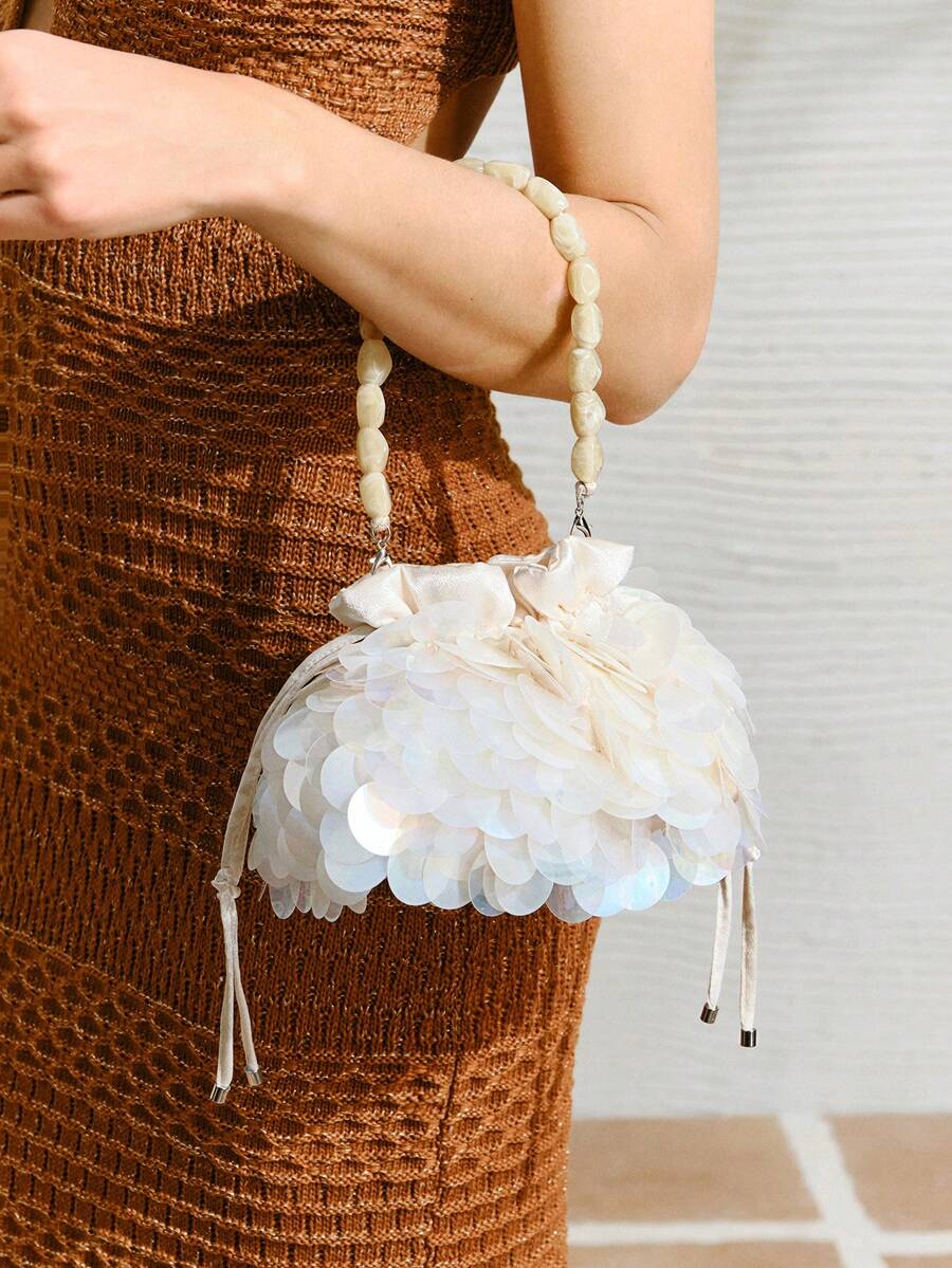 SHECARRY 女士时尚日常携带抽绳亮片手提包 - 米 - 查看 1