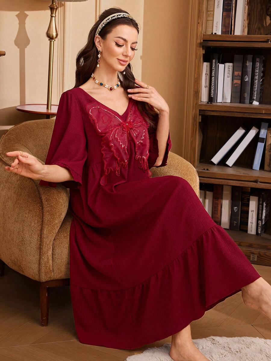 SHEIN Women's Retro Luxury Nightgown Dress, Embroidered Beaded Butterfly Collar, Long Loose Half Sleeve Ruffle Hem, Comfortable Spring/Summer - Burgundy - View 1
