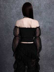 Glisette New Stylish Petal Sleeve Blouse, Sexy Off Shoulder Mesh Lace Patchwork Cinched Waist Women Top - Black - View 2