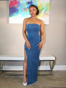 Steph T Women's Casual Denim Bodycon Tube Dress With High Slit, Stretch Knit Denim, Blue Winter Spring - Blue - View 6