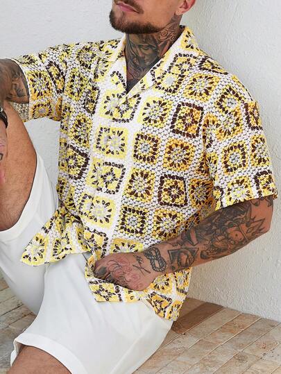 Manfinity CasualCool Men's Hollow-Out Jacquard Shirt, Hollow Geometric Floral Pattern, Refreshing Holiday Vibe, Suitable For Vacation And Casual Wear, Great Gift For Boyfriend, Friend, Husband,Men Old Money,Daily Leisure, Weekend Trips, Outdoor Activities, Travel Expeditions, Relaxed Work Environments Or Semi-Formal Occasions, Boyfriend/Husband Gift, Anniversary /Birthday Gift Party Summer Vacation Holiday,Wedding,Spring To Summer,Easter,Men's Yellow And Brown Open Knit Short Sleeve Button Down Casual Hawaiian Shirt,Crochet Men Shirt,Boho Men Shirt,Cuban Shirt Men,Men Jamaica Shirt,Men Mexican Shirt