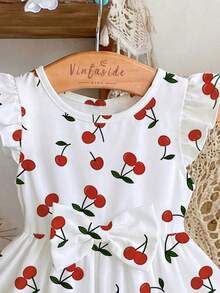 1件女婴连衣裙，适合6个月至2-3岁，白色底红色樱桃印花，短袖设计，蝴蝶结装饰，轻薄面料，可爱柔软，适合夏季休闲穿着。 - 彩色 - 查看 5