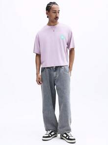 SUMWON Áo thun nam tay ngắn cổ tròn dáng suông màu tím oải hương, in hình nhãn trái cây California, kiểu dáng mùa hè năng động. - Màu tím hoa cà - Xem 3