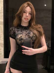 DAZY 女士纯色圆领修身短袖T恤，黑色夏季款 - 黑色 - 查看 5