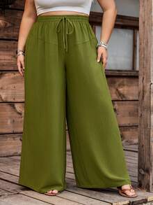 SHEIN CURVE+ Curve 尺码 US22 音乐节、海滨度假、波西米亚风女士黑色口袋抽绳腰带休闲宽松阔腿裤碎花裤，女士秋季服装 - 軍綠色 - 查看 6