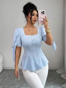 Elenzga Women's Elegant Commuter Square Neck Jacquard Short Sleeve Blouse, Summer - Blue - View 3