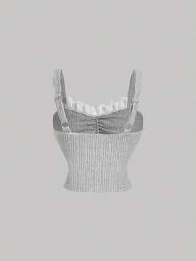 SHEIN MOD 3件套女士纯色蕾丝拼接褶皱罗纹吊带背心，适合夏季、度假、复古、乡村、外出、约会、野餐、田园风、Y2K、波西米亚风、音乐节等场合。 - 彩色 - 查看 4