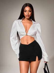 Radiana Women's Elegant Black V-Waist Bodycon Mini Skirt With Leggings,Autumn Date Night Seksi Chic Minimalist Low-Waist Side Slit Hem Casual Short Skirt - Black - View 7