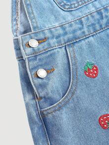 Girlism Tween Girl Strawberry Embroidered Pocket Casual Denim Romper - Light Wash - View 3