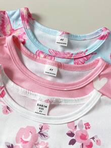 Playful Pals 3件套女童夏季碎花、爱心、蝴蝶印花荷叶边袖连衣裙套装，适合外出、休闲穿着、派对场合 - 彩色 - 查看 7