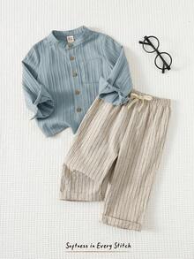 Cozy Pixies Bộ 2 áo cardigan cổ tròn tay dài và quần sọc cạp chun cho bé trai - Màu xanh bụi bặm - Xem 4