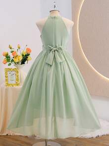 Tween Girl Luxurious Elegant Green Sleeveless Chiffon Fitted Dress, Suitable For Evening Party, Christmas, Halloween, Wedding, Prom, Vacation, Graduation Season And Other Occasions - Mint Green - View 2