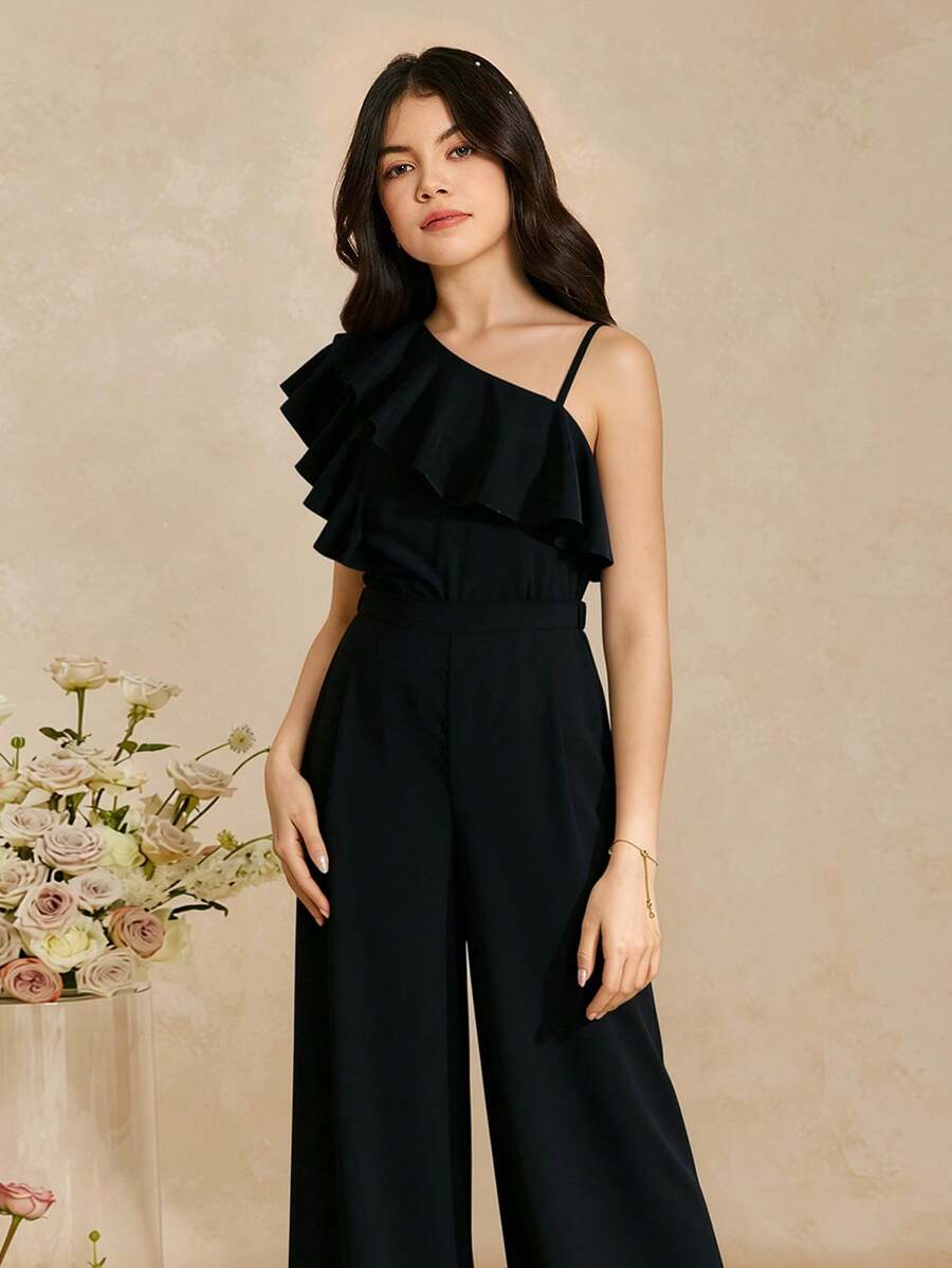 SHEIN 2pcs/Set Elegant Asymmetric Shoulder Ruffle Blouse And Wide Leg Pants Suit For Teen GirlBlack Woven Fabric, Fashion High-End - Black - View 1