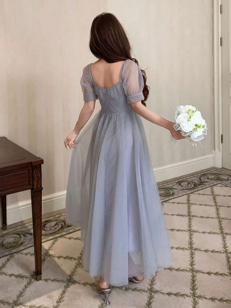 Women's Elegant Lace Patchwork Square Collar Petal Sleeve Mid-Length Dress, Summer,Wedding Guest Dress Women Sundress Cocktail Dress