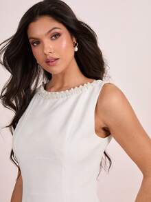 Enchnt Pearl Embellished Waist A-Line Elegant Evening Dress For Women - White - View 2