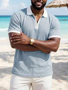 ResortEase Plus Size Men's Solid Color Short Sleeve Polo Shirt, Fashionable For Summer - Baby Blue - View 2