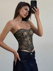 Aloruh Women's Lace Bralette Sexy Fitted Bandeau Top - Black - View 7