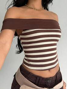 Aloruh Women's Off-Shoulder Striped Fitted Cropped Tank Top - Coffee Brown - View 3
