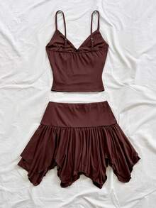 Soleia 女士时尚亮片装饰吊带背心和刺绣迷你裙两件套，夏季 - 棕色 - 查看 6