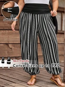 SHEIN CURVE+ Curve 尺码 US22 音乐节、海滨度假、波西米亚风女士条纹弹力腰宽松哈伦裤，休闲度假风 - 黑色 - 查看 6