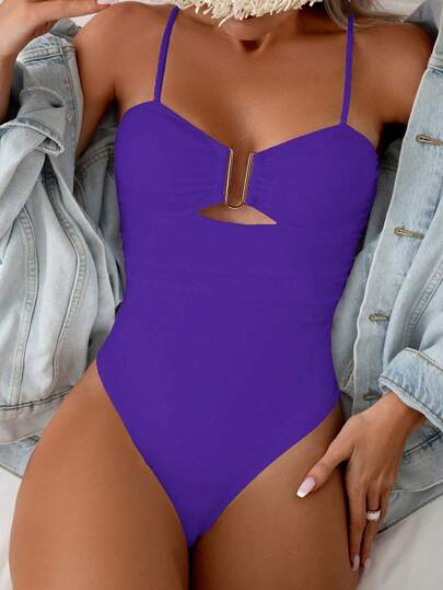 Bonvoyette Women's Solid Color Ruched Fashionable Spaghetti Strap One-Piece Swimsuit