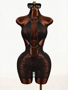 Mistrie 女士纯色蕾丝透视圆点装饰性感吊带连衣裙 - 黑色 - 查看 8