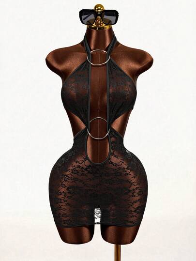 Mistrie Women's Solid Color Lace Sheer Circle Decor Sexy Halter Dress