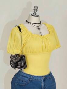 SHEIN ICON Plus Size Square Neck Ruffle Mesh Puff Sleeve T-Shirt, Sweet Summer Vacation T-Shirt - Pale Yellow - View 5