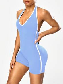 Seamluxe SHEIN Sport Women's Seamless Solid Color Halter Backless Sports Jumpsuit - Baby Blue - View 3
