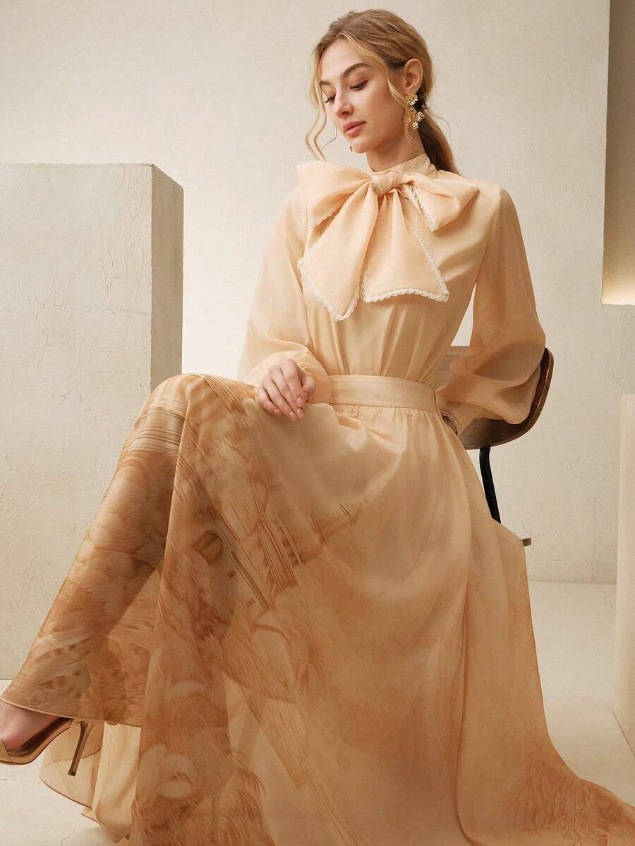 Anewsta 女士新款杏色蝴蝶结优雅A字长裙套装,含衬衫 - 杏色 - 查看 1