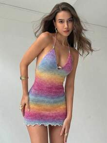 Aloruh Đầm dệt kim ôm sát người kiểu ombre dây mảnh dành cho nữ, mẫu mới mùa Xuân/Hè, đầm dự tiệc gợi cảm cho mùa lễ hội. - Nhiều màu - Xem 7