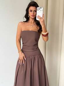 Firerie Đầm trơn màu thường ngày dành cho nữ, mùa hè. - Cà phê nâu - Xem 7