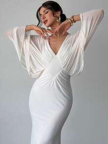 Firerie Đầm maxi lưới xuyên thấu hở lưng, cổ chữ V, tay cánh dơi, xếp ly, thanh lịch, tinh tế, lãng mạn, trang nhã, sang trọng, phù hợp cho tiệc tùng, ngày Valentine, hẹn hò, tiệc sinh nhật, dự đám cưới, kỳ nghỉ, đi làm. - Trắng ngà - Xem 2