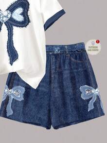 Emery Rose Kids Emery Rose Kids Bộ 2 món/Bộ đồ liền thân cổ tròn tay ngắn phối ren thêu nơ trang trí cho bé gái tuổi teen, trang phục mùa hè thoải mái - Nhiều màu - Xem 5