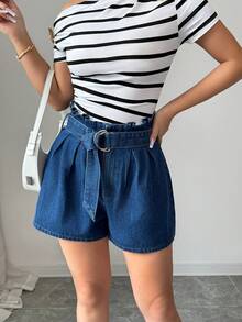 Elenzga Women's Frill Waist Design Pleated Loose Denim Shorts - Blue - View 6