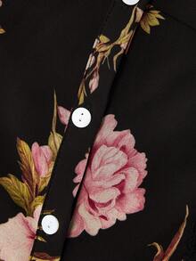 lacRébo 花卉图案修身短袖蕾丝细节女式衬衫，适合春夏度假海滩休闲时尚造型 - 黑色 - 查看 8