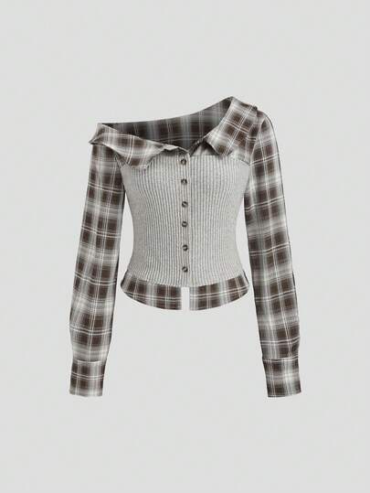 Sweetra נשים של רטרו חדש אלגנטי גותי מלנכולי אווירה טהורה סקסית סגנון סירנה סגנון פרפי קפה משובץ טלאים סרוג אסימטרית מותן הרזיה כתף אלכסונית ארוך שרוול חולצה חולצה, מתאים לנסיעות, יומיומי מזדמן ללבוש