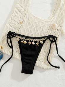 Swim SXY Nuevo accesorio de Bottom de bikini, decoración aleatoria de estrella de mar y concha con atadura lateral, adecuado para vacaciones en la playa - Negro - Ver 8