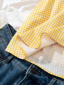 少女休闲格子花瓣袖衬衫，夏季 - 黃色 - 查看 6