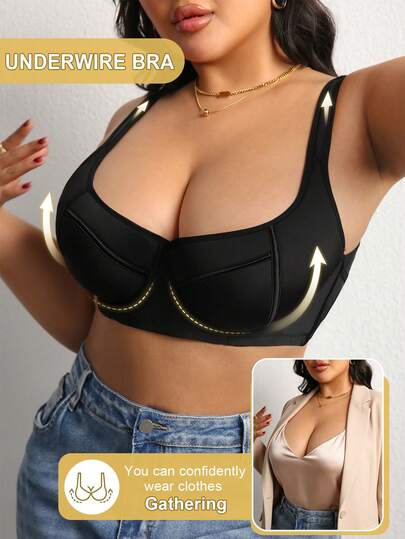 DesireSculpt Plus Size Black Underwire Low-Cut Bra With Comfortable Wide Straps, Supportive Fit
