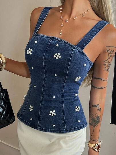 Livesso Vintage Washed Blue Pearl & Rhinestone Embellished Fitted Patchwork Camisole Top, Elegant For Music Festival, Valentine's Day, Wedding, Casual, Commute