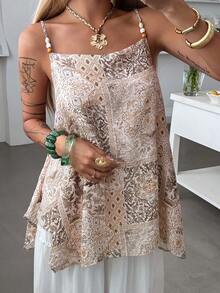 Livesso 女士夏季休闲波西米亚度假风拼接印花宽松串珠吊带衫 - 杏色 - 查看 1